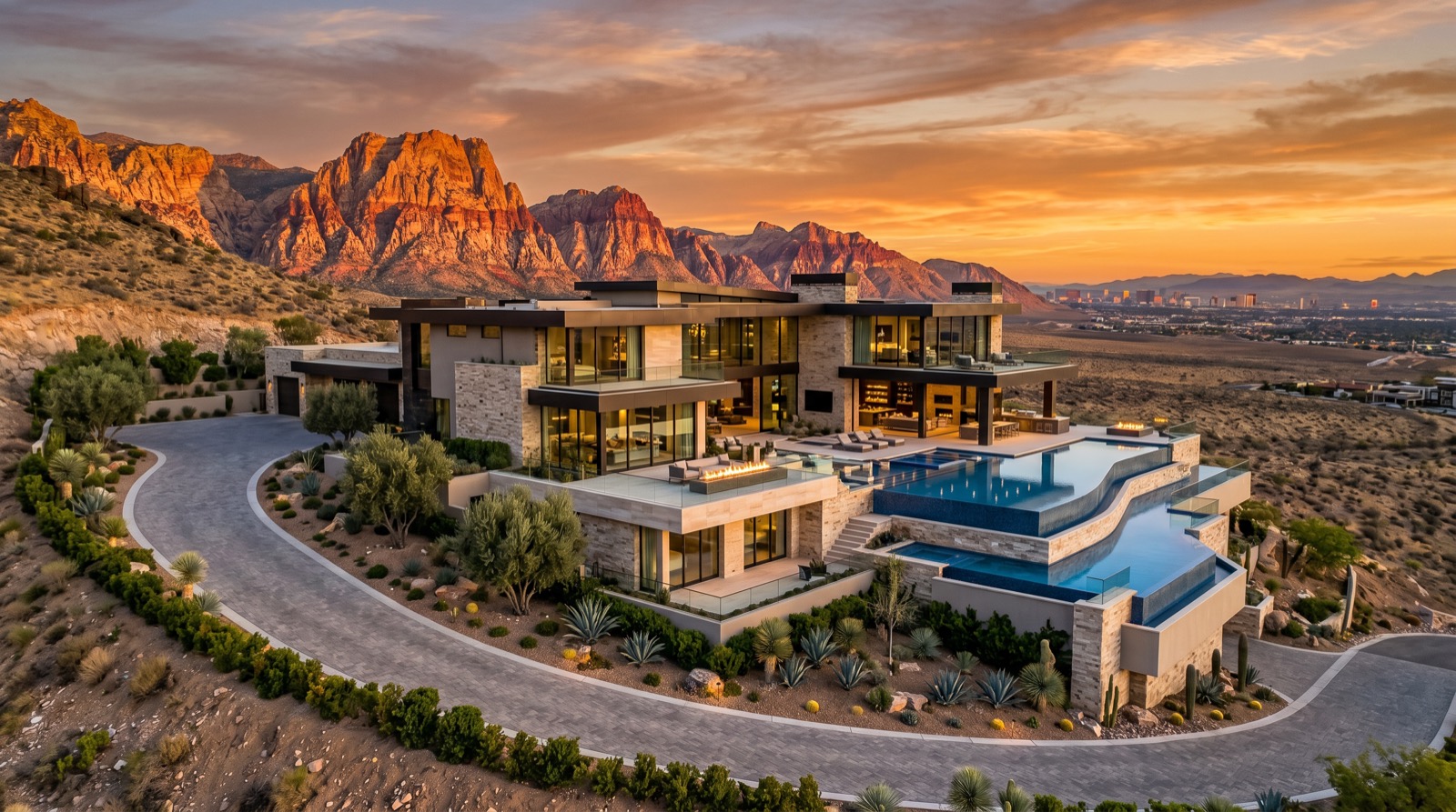Aerial of custom luxury estates beside a red-rock golf course